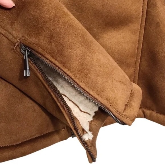 Zara Faux Sherpa & Leather Oversized Brown Bomber Jacket Coat Size Medium - Picture 7 of 9